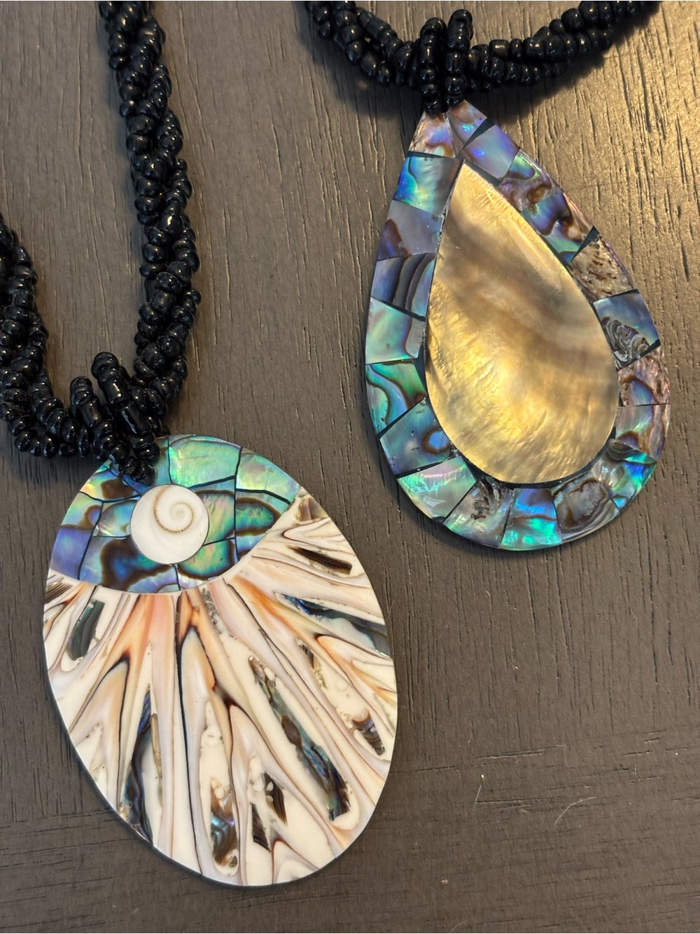 2- Irregular Abalone Shell Inlay Pendant Necklaces - Black Beaded Cord